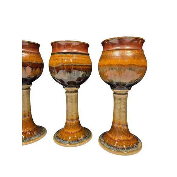 Studio Pottery Wine Goblets/Chalices (4) Hand Crafted Artist JT Brown Cream 7" - Picture 6 of 16